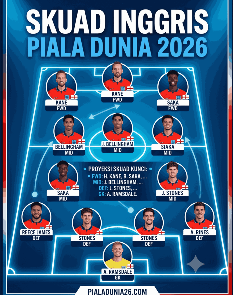 Skuad Inggris Piala Dunia 2026 Lengkap, Prediksi Pemain Inti dan Strategi Terbaru