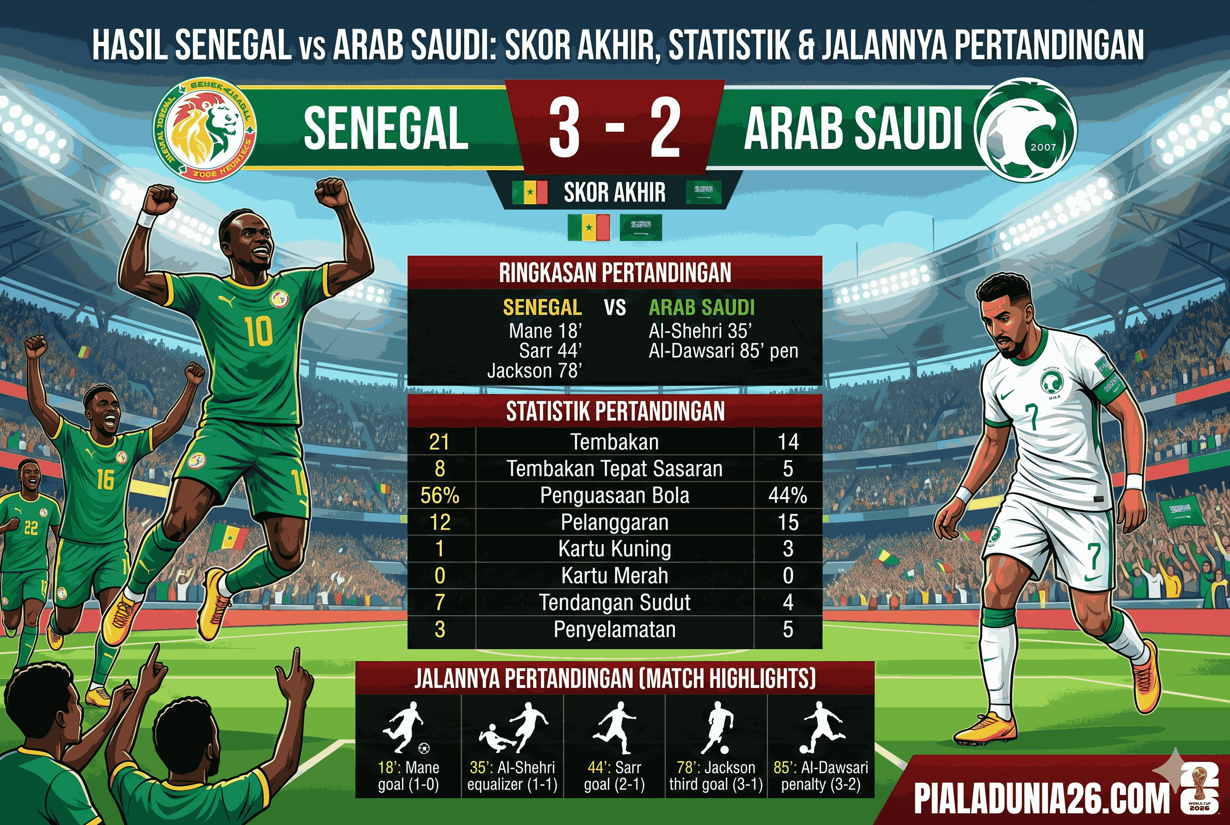 Hasil Senegal vs Arab Saudi: Skor Akhir, Statistik, dan Jalannya Pertandingan