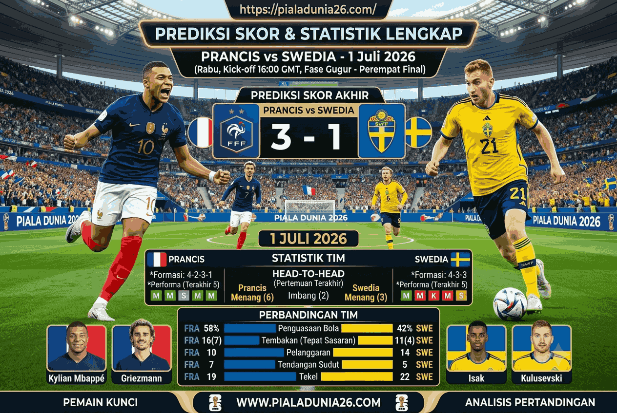 Prancis vs Swedia 1 Juli 2026, Prediksi Skor dan Statistik Lengkap
