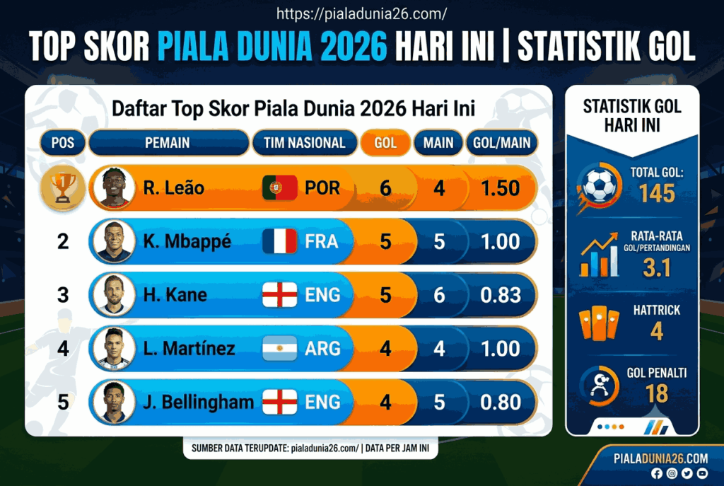 Daftar Top Skor Piala Dunia 2026 Hari Ini dan Statistik Gol