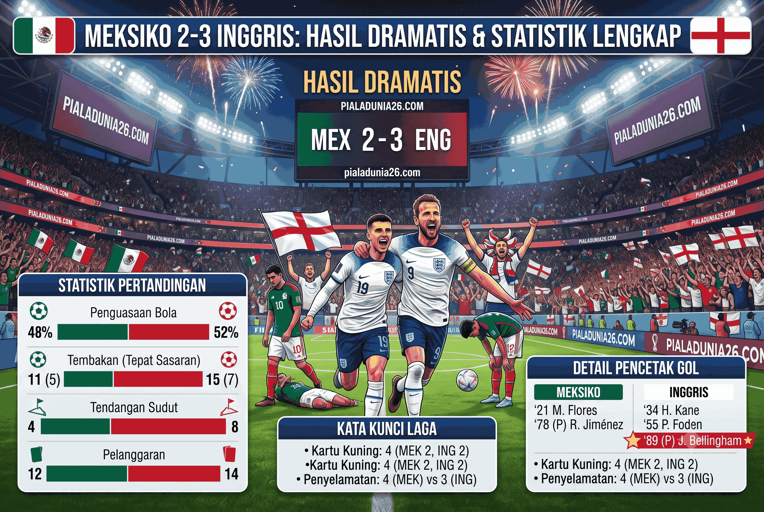 Meksiko vs Inggris 2-3, Hasil Dramatis dan Statistik Lengkap