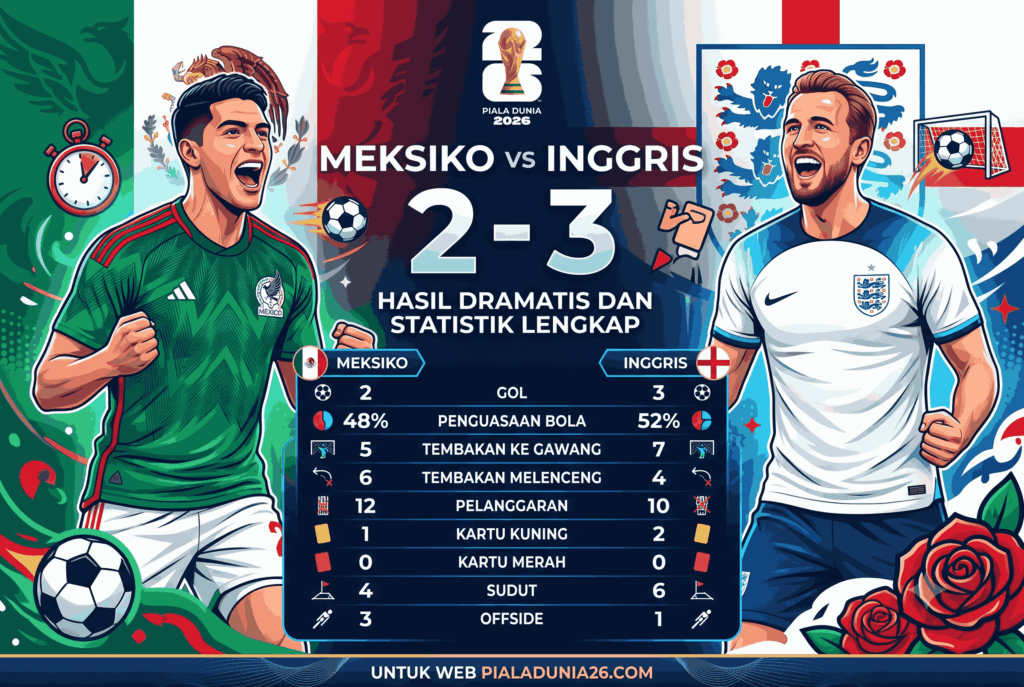 Meksiko vs Inggris 2-3, Hasil Dramatis dan Statistik Lengkap