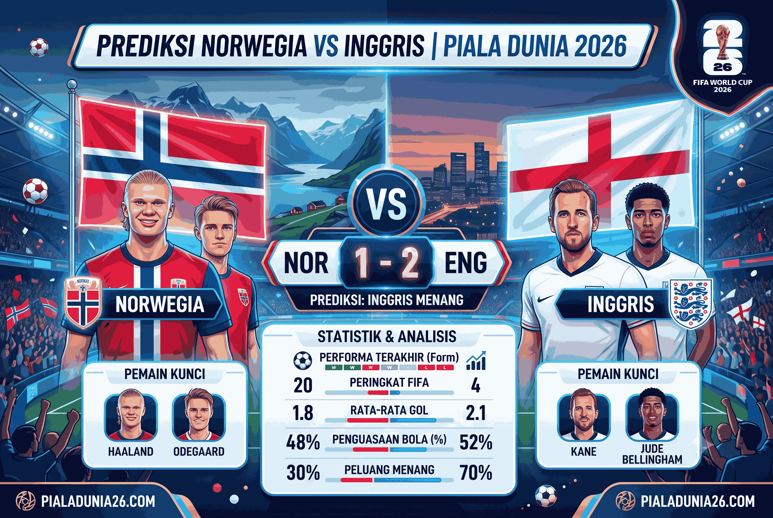 Prediksi Norwegia vs Inggris World Cup 2026, Statistik & Skor
