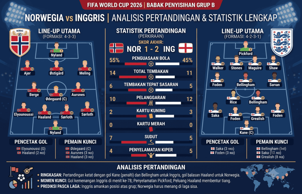 Prediksi Norwegia vs Inggris World Cup 2026, Statistik & Skor